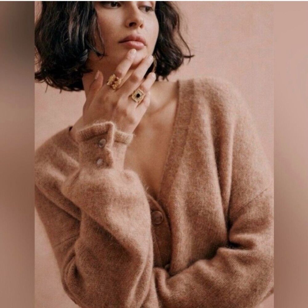 Sézane Mia Mohair La Maille Camel Brown Knit Cardigan XS Frill Ruffle Cuff - Picture 14 of 14